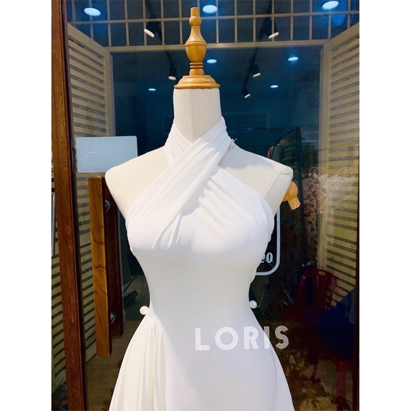 Đầm đi tiệc cổ yếm phối tà dập ly cánh quạt màu trắng đủ size | BigBuy360 - bigbuy360.vn