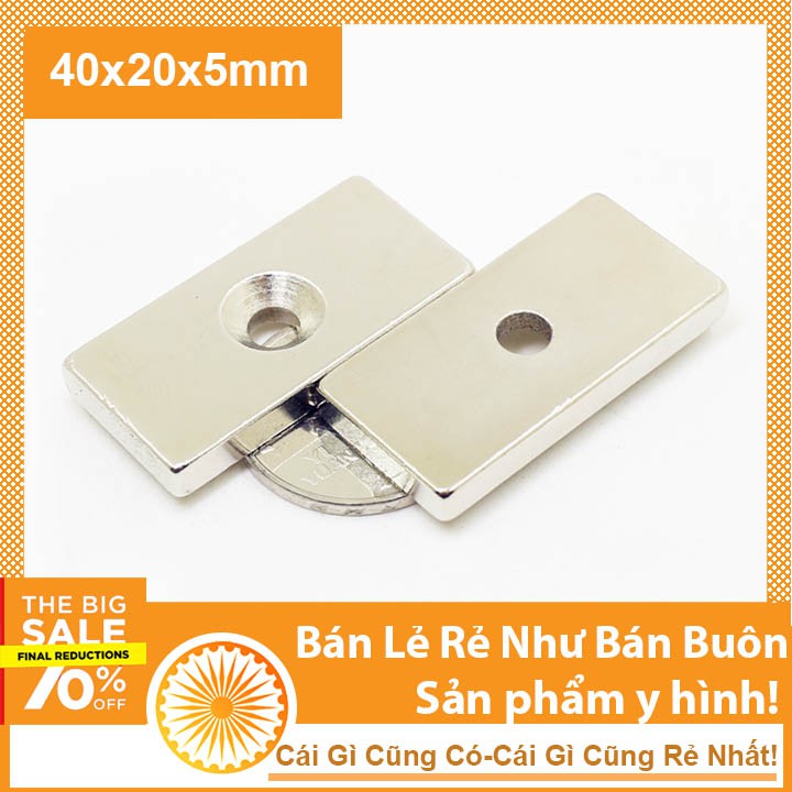 Nam châm vĩnh cửu 40x20x5mm có lỗ bắt vít từ tính mạnh