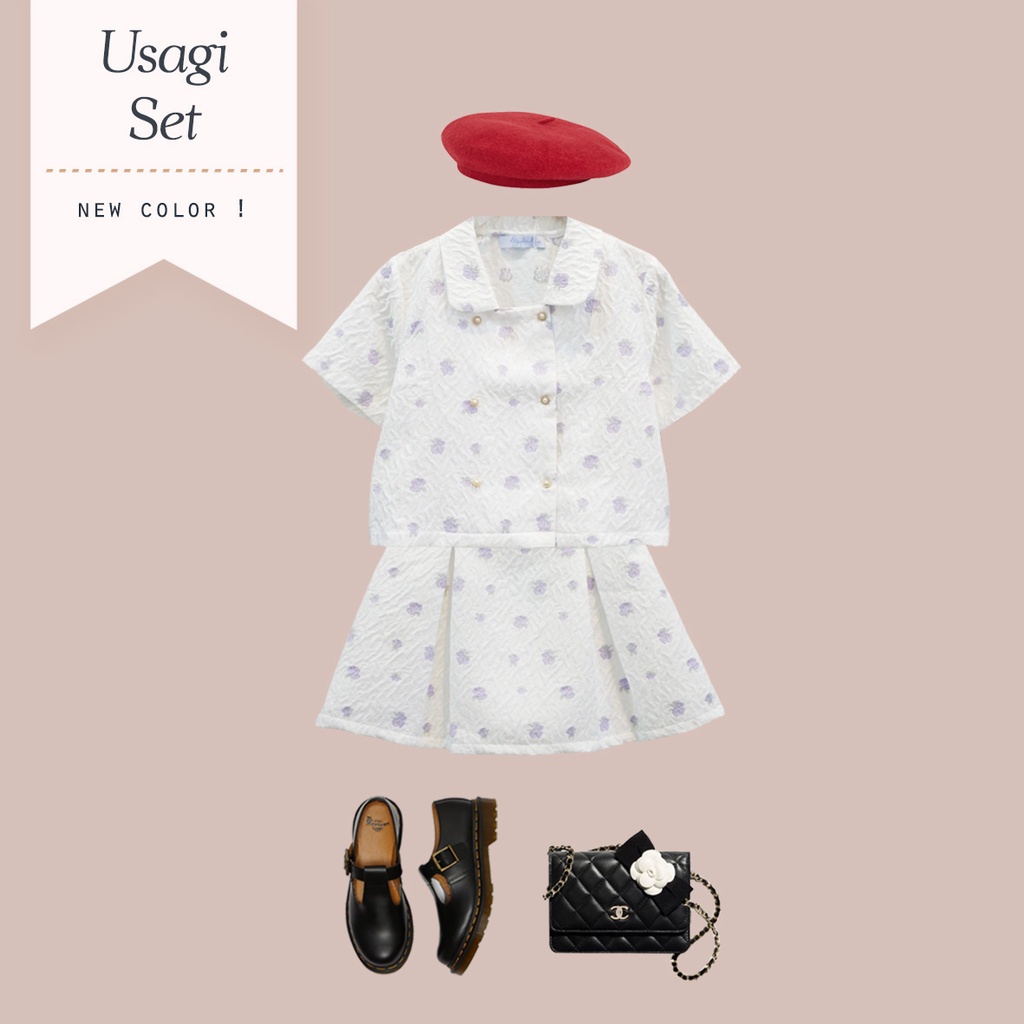 BLEUBIRD Set gồm áo và chân váy gấm thêu hoa Usagi Set 