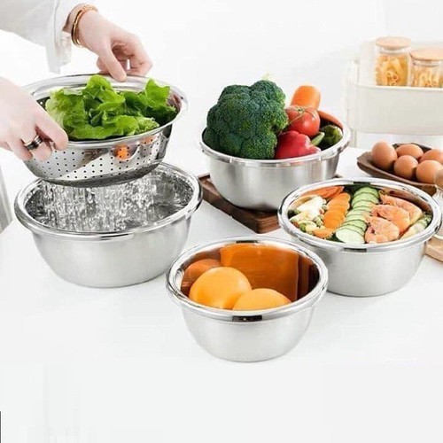 Bộ 5 Thau Rổ Inox Rửa Rau Củ Quả, Thau Trộn Salad Dày Dặn Siêu Tiện Dụng Cho Nhà Bếp