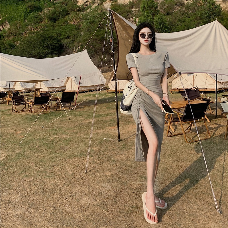 DUNEA Đầm Midi Tay Ngắn Màu Trơn Thiết Kế Xẻ Tà Bên Hông Thời Trang Cho Nữ 3.8