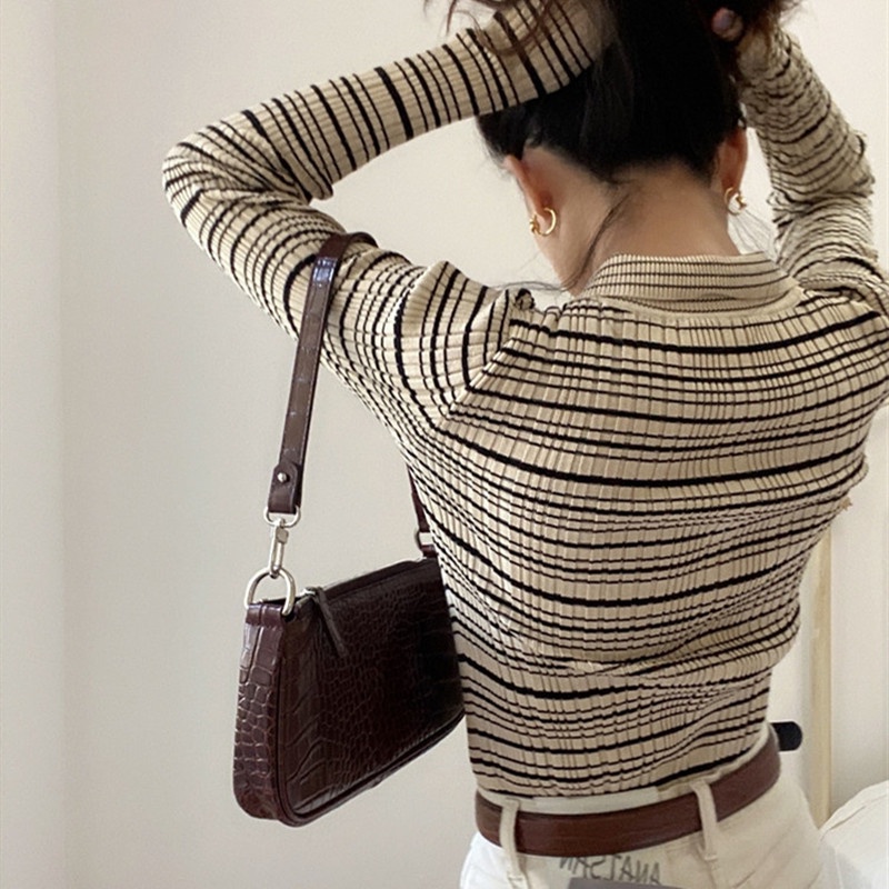 SUXI Áo Khoác Cardigan Dệt Kim Tay Dài Cổ POLO Họa Tiết Kẻ Sọc Màu Tương Phản Phong Cách Vintage Cho Nữ