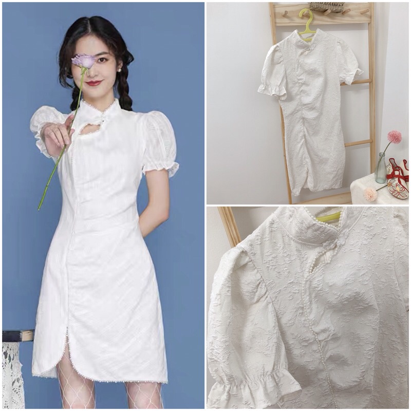 Sườn xám trắng hoa hột tiểu thư