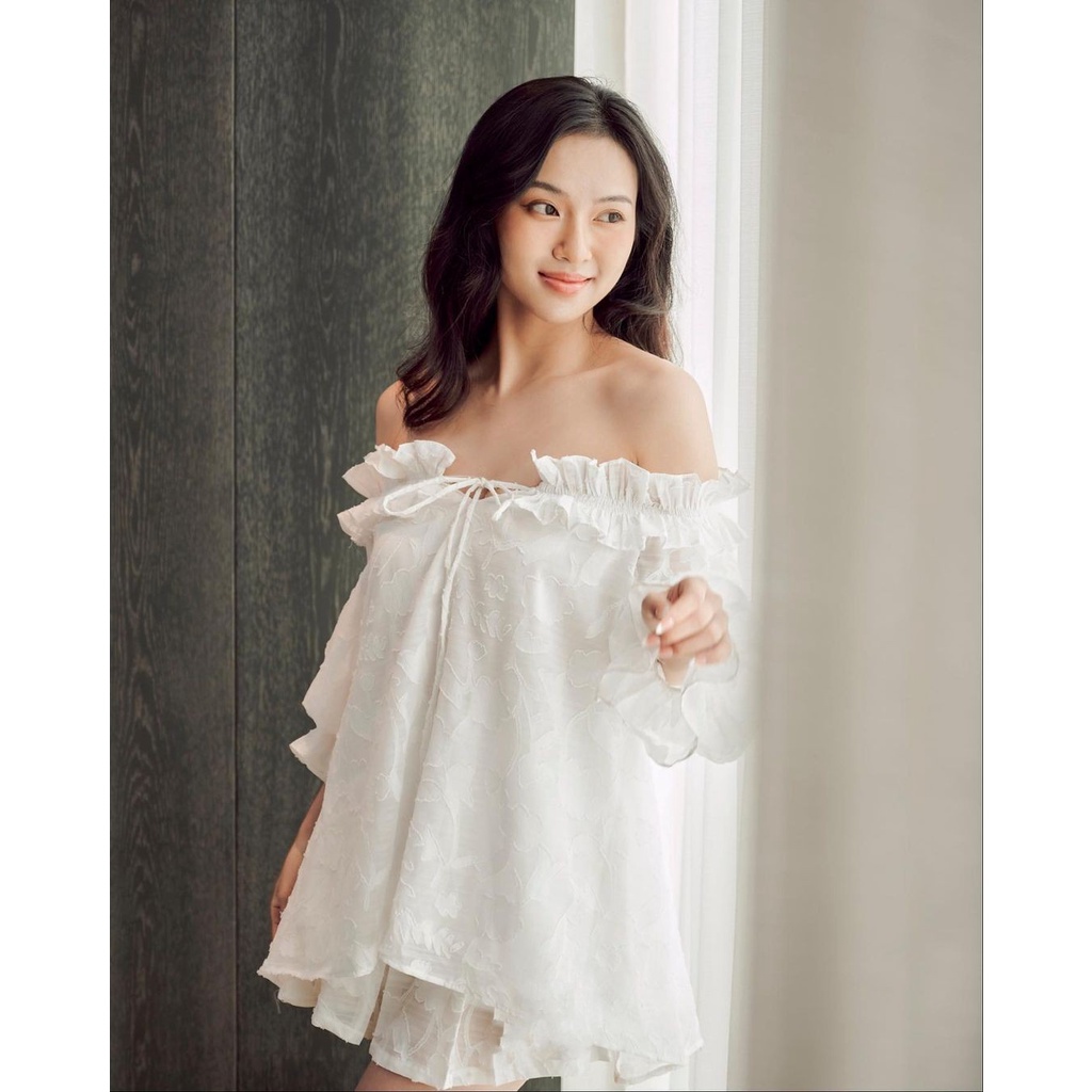 Set áo trễ vai babydoll Linly Store áo kiểu nữ tiểu thư tay lỡ S-BE