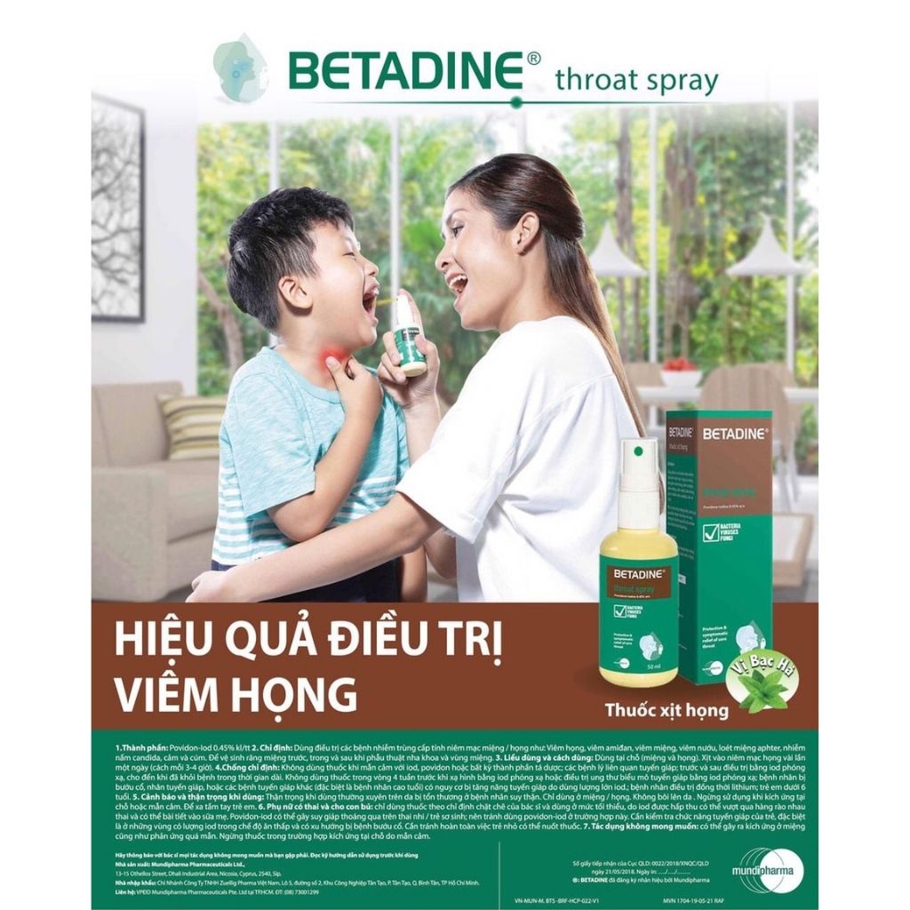 BETADINE xịt họng Throat Spray hỗ trợ viêm họng do nấm, vi khuẩn lọ 50ml