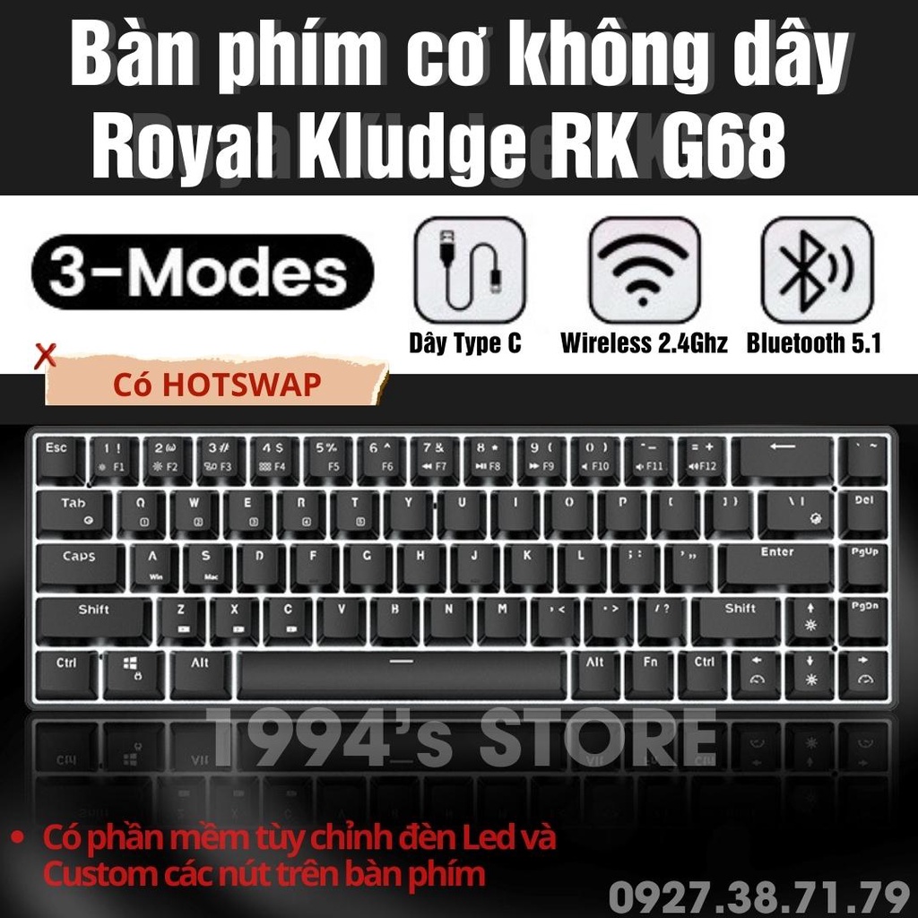 Bàn phím cơ không dây RK G68 có Hotswap - Bluetooth 5.1 - Wireless 2.4G - Cable Type C - Led RGB có phần mềm tuỳ chỉnh