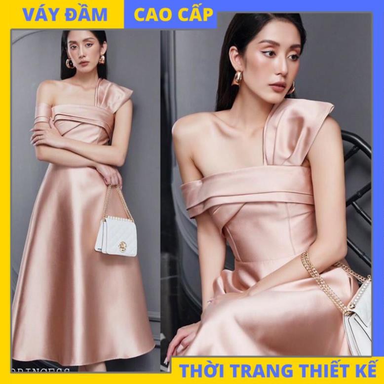 Đầm hồng xoè dự tiệc vai nơ Taffta đẹp sang trọng quý phái [HÀNG THIẾT KẾ CAO CẤP]