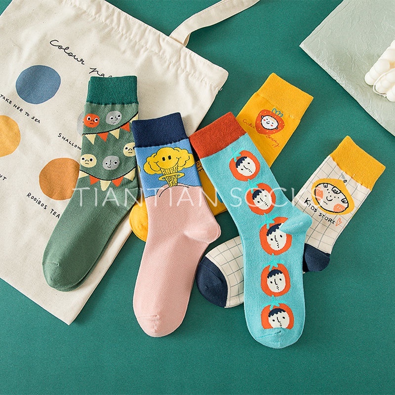Tất vớ  nữ cổ cao cotton in họa tiết hoạt hình dễ thương phong cách Hàn Quốc