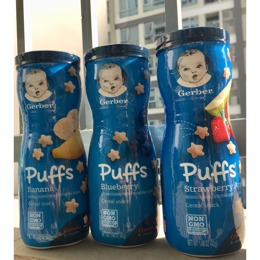 (MẪU MỚI) Bánh Ăn Dặm Cho Trẻ GERBER PUFFS - 42g (date tháng 10/11/12 - 2021) - Chuối/ Dâu Táo/ Việt Quất