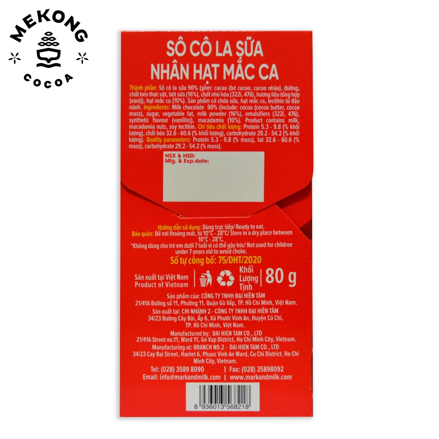 Socola Sữa MARK&MILK Nhân Hạt Macca Dạng Thanh 80g - Milk Chocolate With Macadamia SCLS01