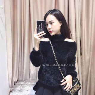 Áo len lông cổ cao trễ vai