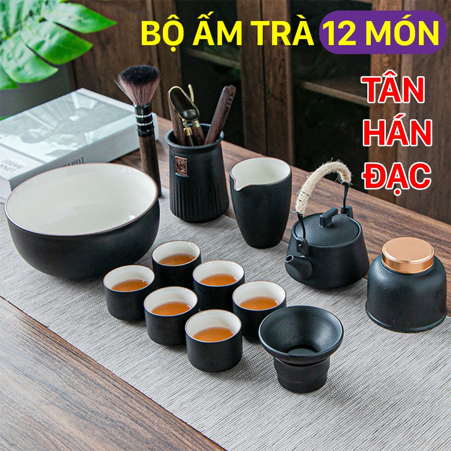 Bộ ấm trà Tân Hán Đạc bằng gốm sứ cao cấp, bộ ấm chén uống trà đạo bằng gốm tráng men lòng trắng dung tích 220ml