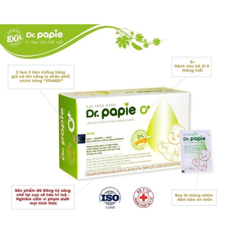 GẠC RĂNG MIỆNG DR.PAPIE ( hộp 30 gói) - LÀM SẠCH VÀ BẢO VỆ RĂNG MIỆNG CHO BÉ