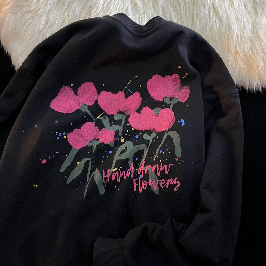 Áo len ZHELIHANGFEI cổ tròn họa tiết hoa graffiti dễ phối đồ tùy chọn màu sắc