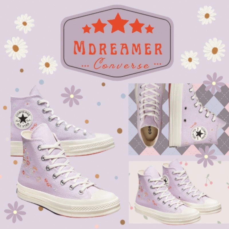 Giày Converse vintage cổ cao Chuck Taylor 70s màu tím thêu hoa lá