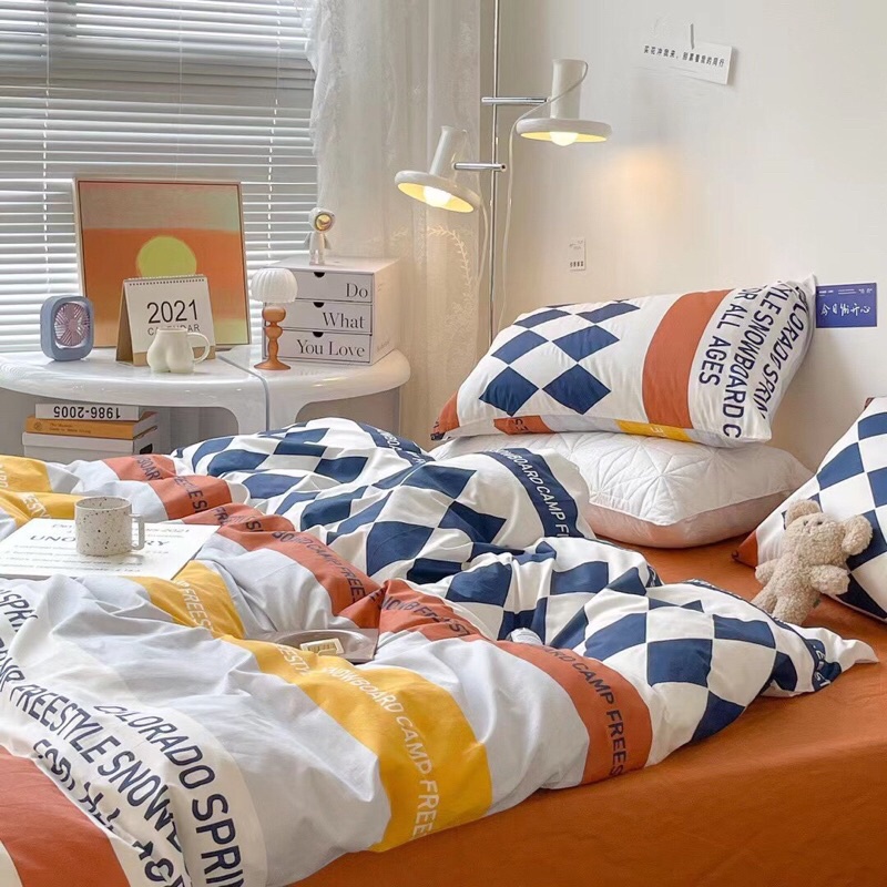 Bộ Chăn Ga Gối ❤️ Cotton living 100% cao cấp đủ size ga giường họa tiết kẻ miễn phí bo chun nhập khẩu Hàn Quốc