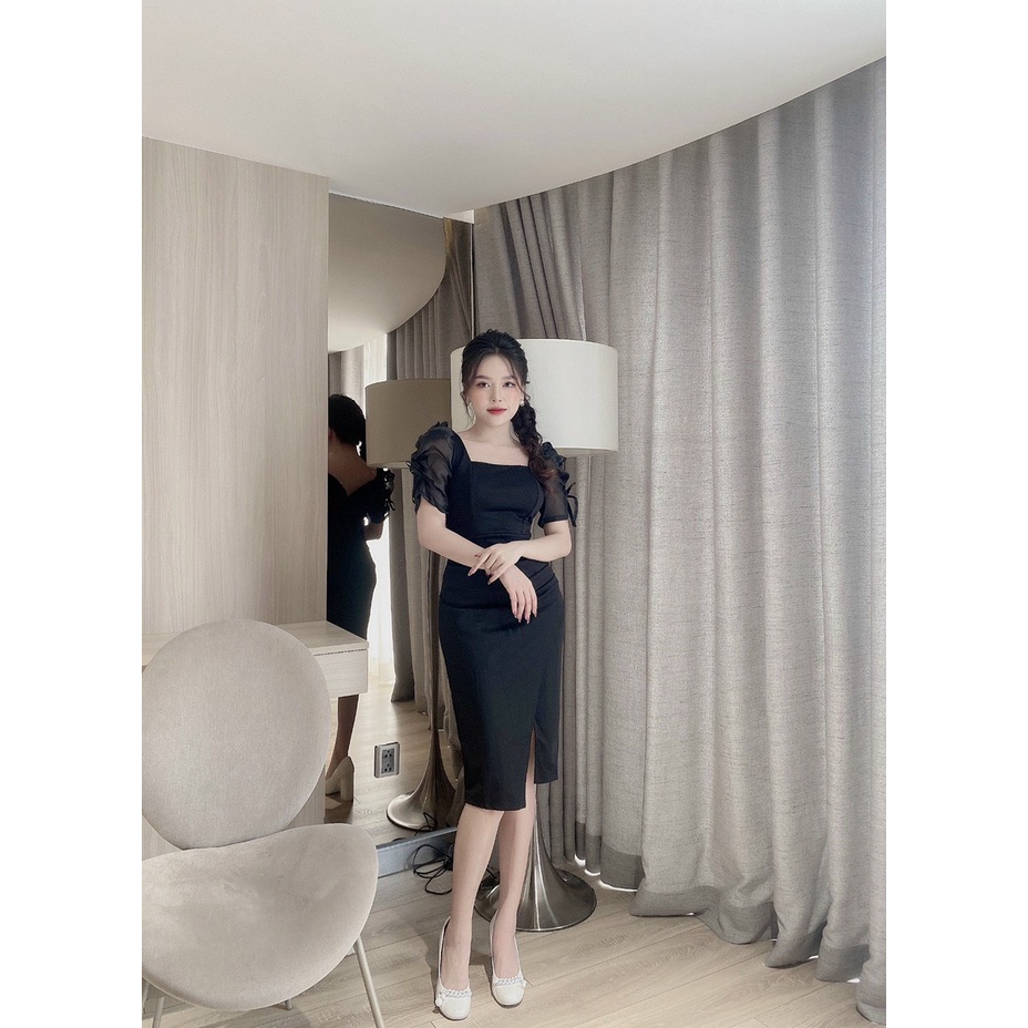 Đầm trắng dự tiệc cao cấp cổ vuông nhún éo chất vải umi,váy body xẻ tà hàn cao cấp nancy a12