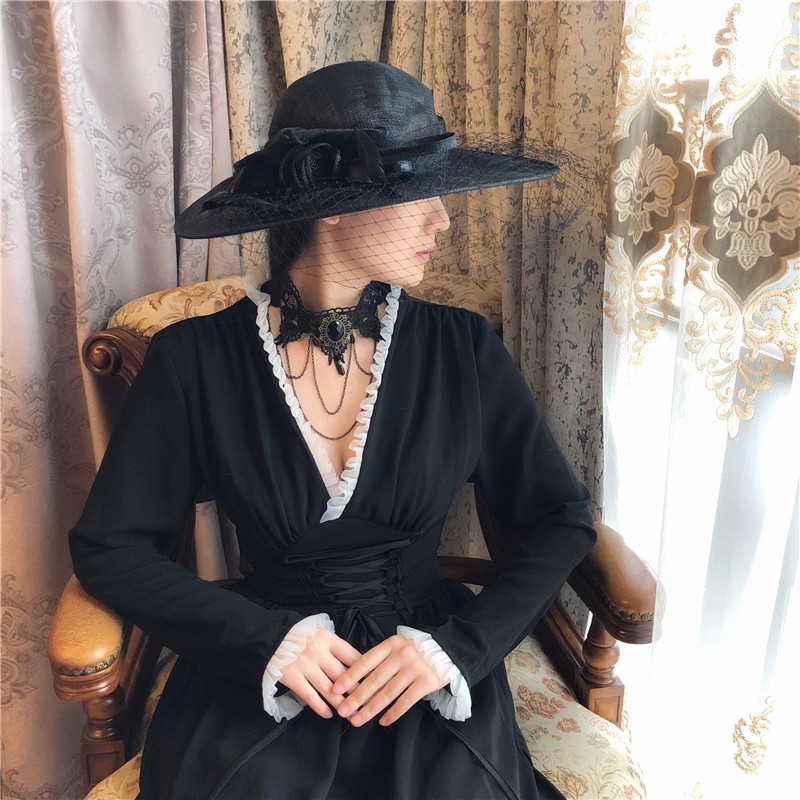 Đầm tiểu thư black basic cổ V thắt eo phối phong cách Pháp kèm ảnh thật ♥︎ | BigBuy360 - bigbuy360.vn