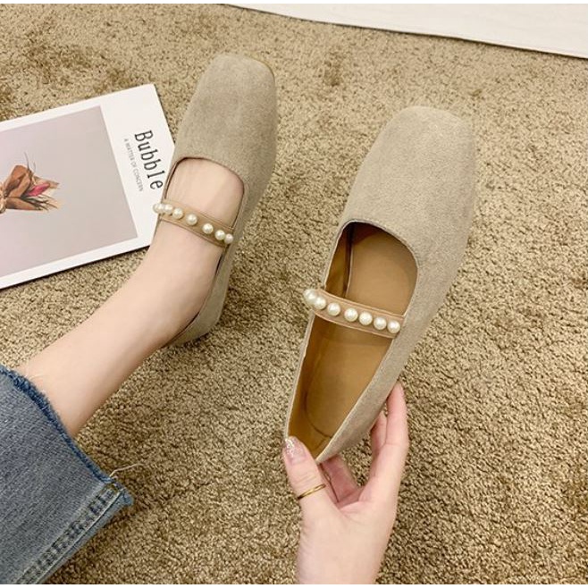 Giày bệt búp bê nữ đế bằng chất dạ mũi vuông phong cách vintage Hàn Quốc giá rẻ - Mã GB41