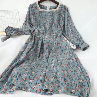 Đầm hoa nhí cổ vuông tiểu thư tay dài