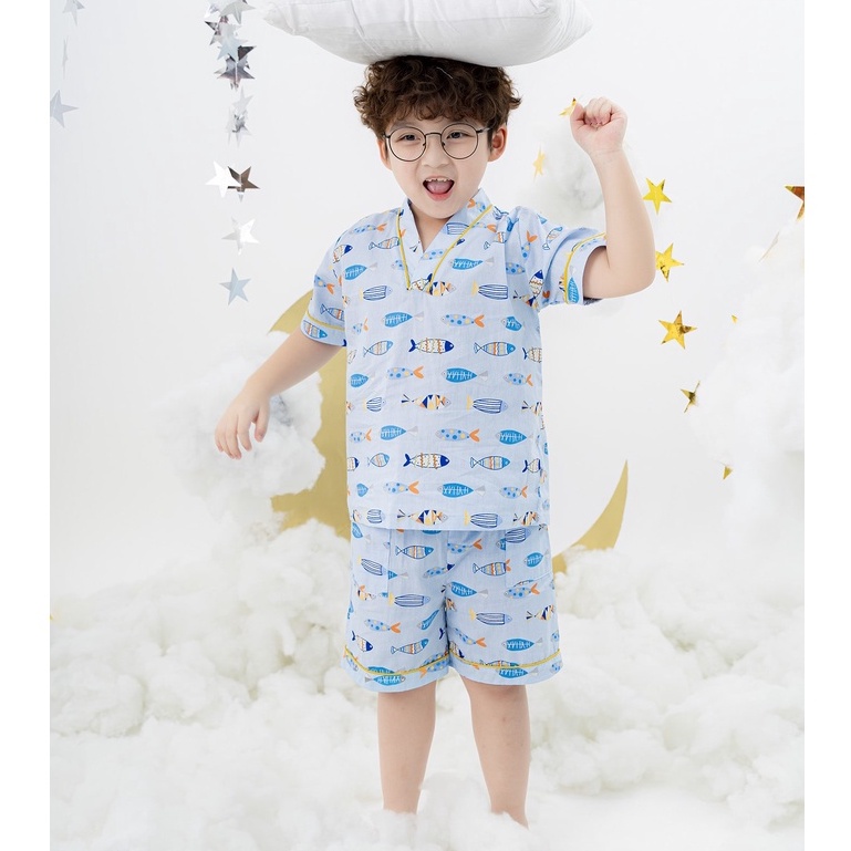 Bộ pyzama bé trai ILABY cộc tay cổ V chất liệu thô kate cho bé từ 11 - 36kg [H52IB12010722]