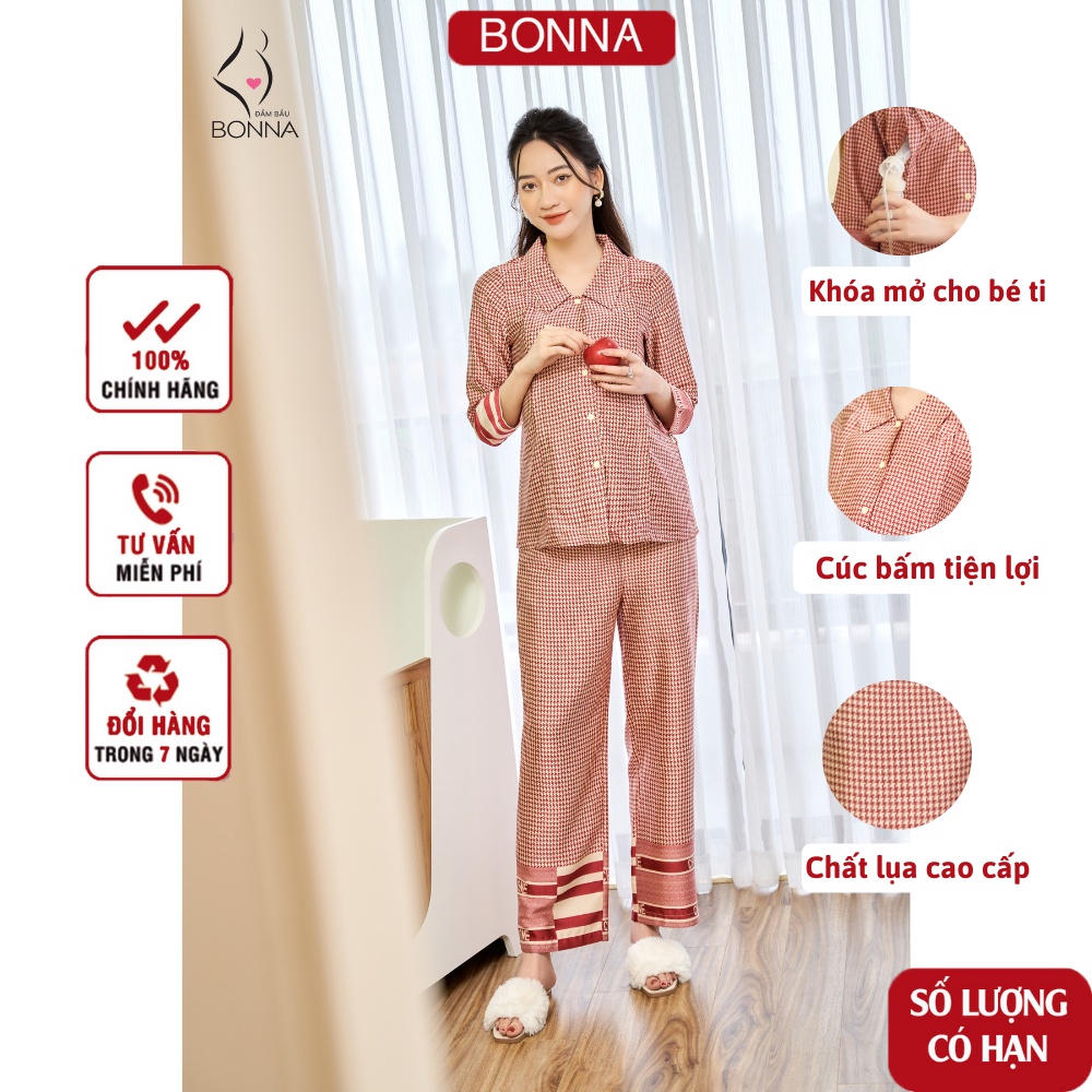 Bộ đồ bầu mặc nhà và sau sinh BONNA có khóa mở cho bé ti, quần có chun cúc điều chỉnh, chất lụa satin cao cấp B031