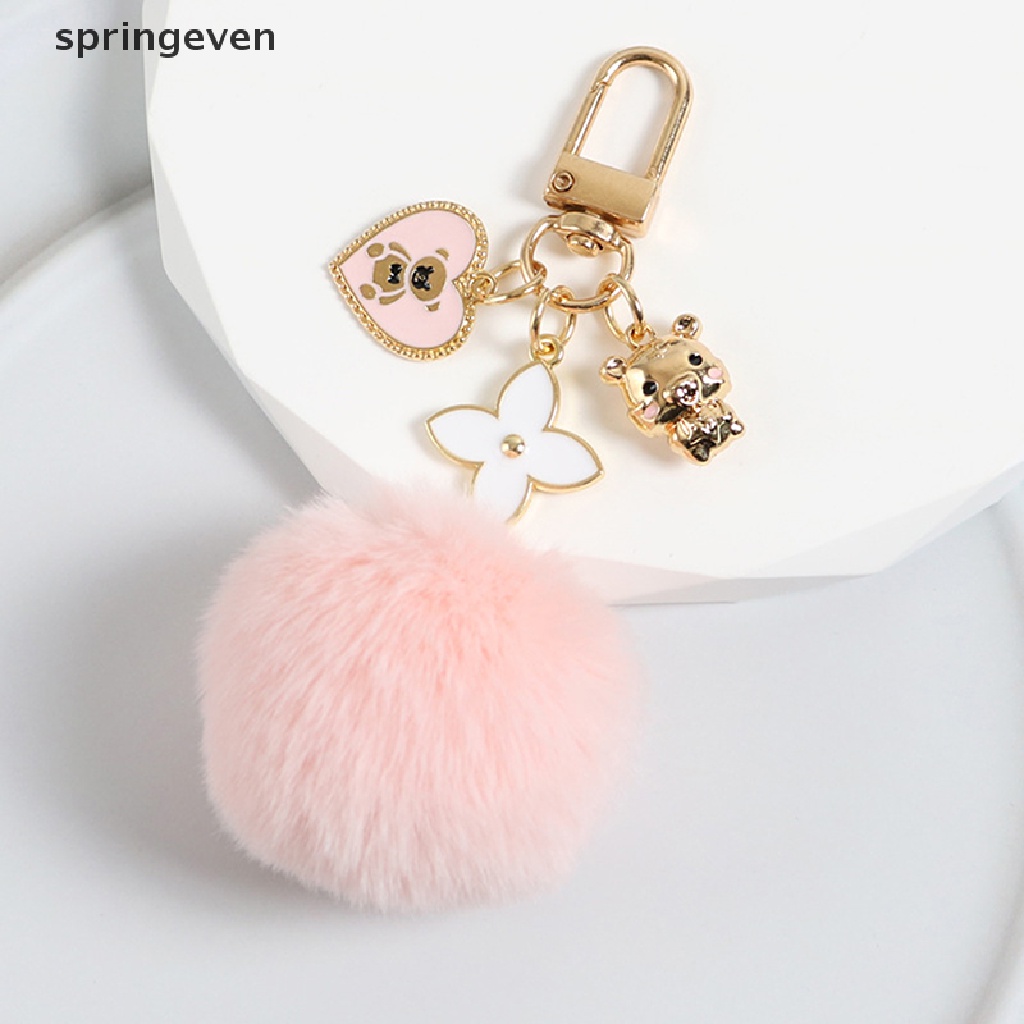 Móc Khóa Hình Gấu Phối Cục Bông Màu Hồng Đen Đáng Yêu