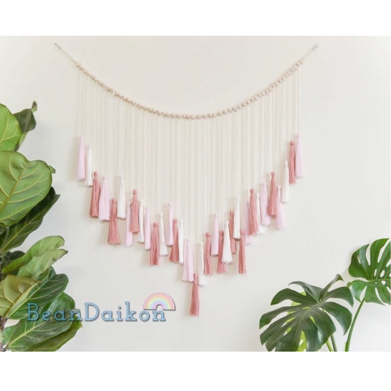 Mành macrame treo tường chi tiết tua rua tone hồng | Size lớn