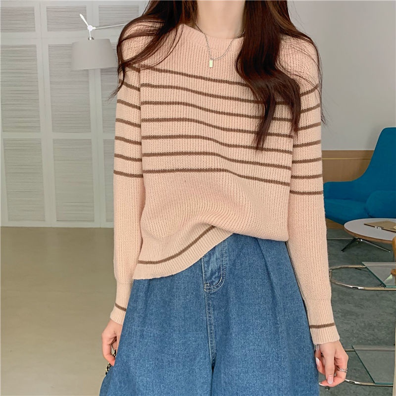 Áo Len Dài Tay Dáng Rộng Họa Tiết Kẻ Sọc Phong Cách Lười Biếng Mới