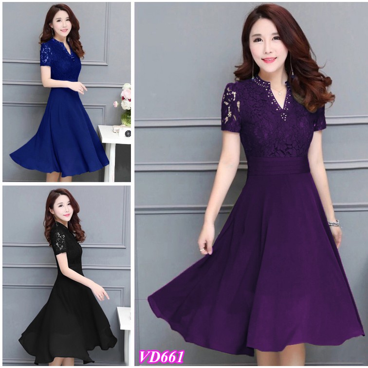 Đầm ren xòe cổ đính đá sang trọng S-TD661