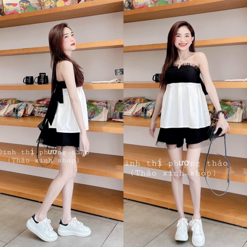 [Mã FAGREEN245 giảm 10% tối đa 30K đơn 99K] SET PEPLUM ỐNG CÚP NGỰC NƠ LƯNG KÈM SHORTS ĐEN VIỀN REN | BigBuy360 - bigbuy360.vn