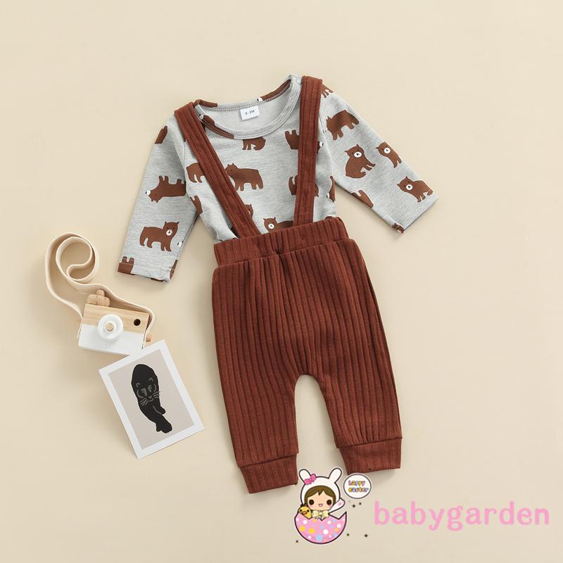 Set 2 món áo liền quần tay dài in hình chú gấu hoạt hình + quần yếm cho bé trai