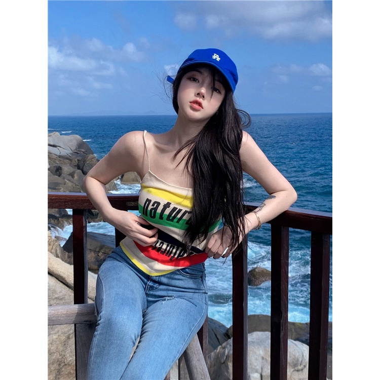 Áo hai dây ZHELIHANGFEI dáng ôm ngắn họa tiết kẻ sọc phong cách Mỹ quyến rũ cho nữ