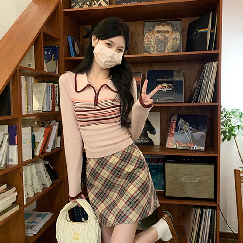 Áo Dệt Kim Tay Dài Dáng Ôm Họa Tiết Kẻ Sọc Thời Trang Hàn Quốc Cho Nữ