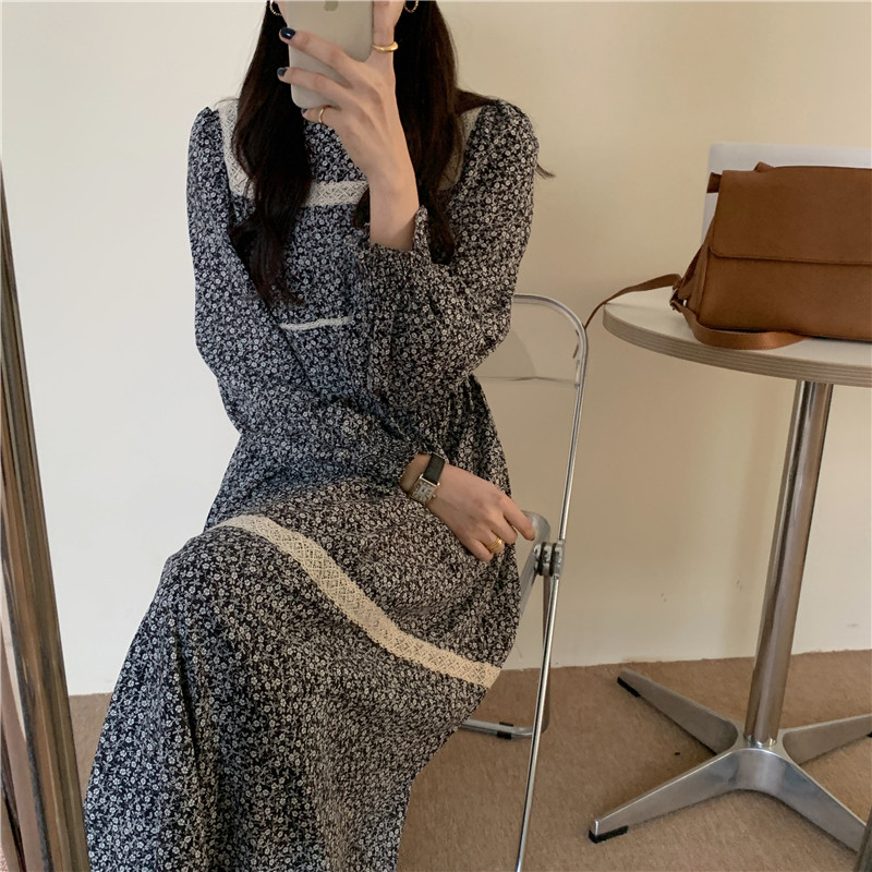 Đầm chiffon Peppermint 38705 tay dài cổ tròn in hoa phong cách retro độc đáo