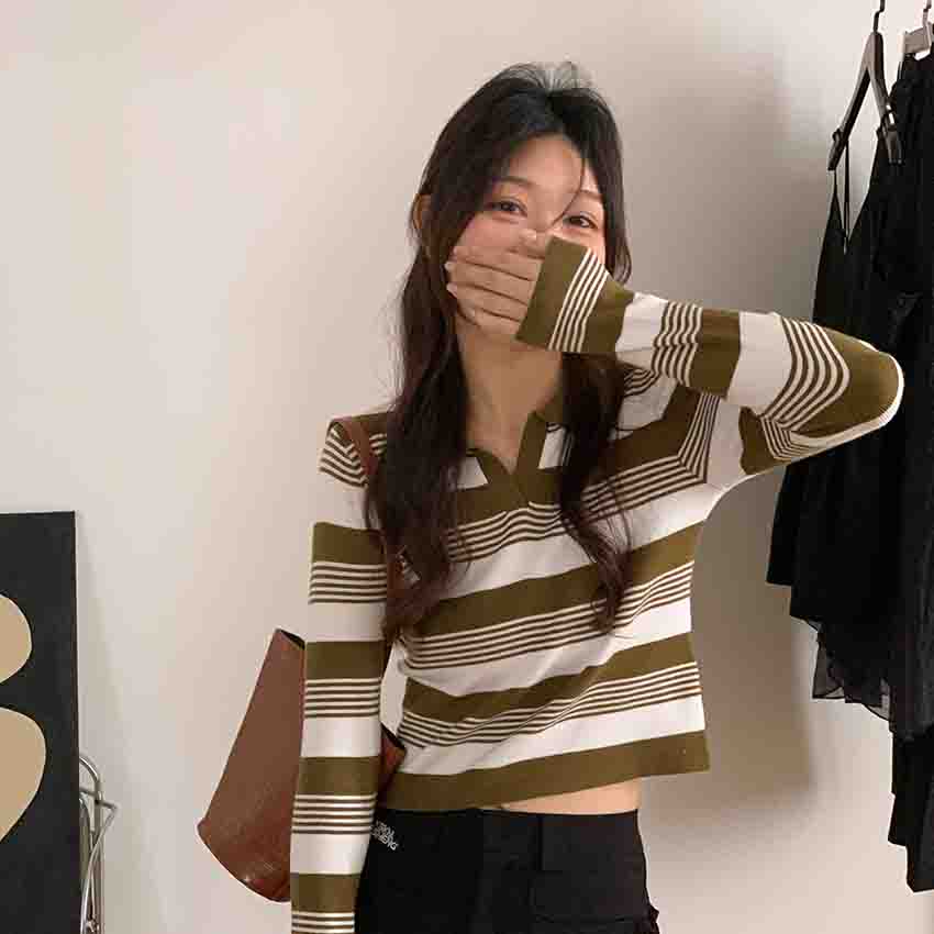 SUXI Áo Dệt Kim Tay Dài Dáng Rộng Họa Tiết Kẻ Sọc Màu Sắc Tương Phản Phong Cách Cổ Điển Thời Trang Cho Nữ