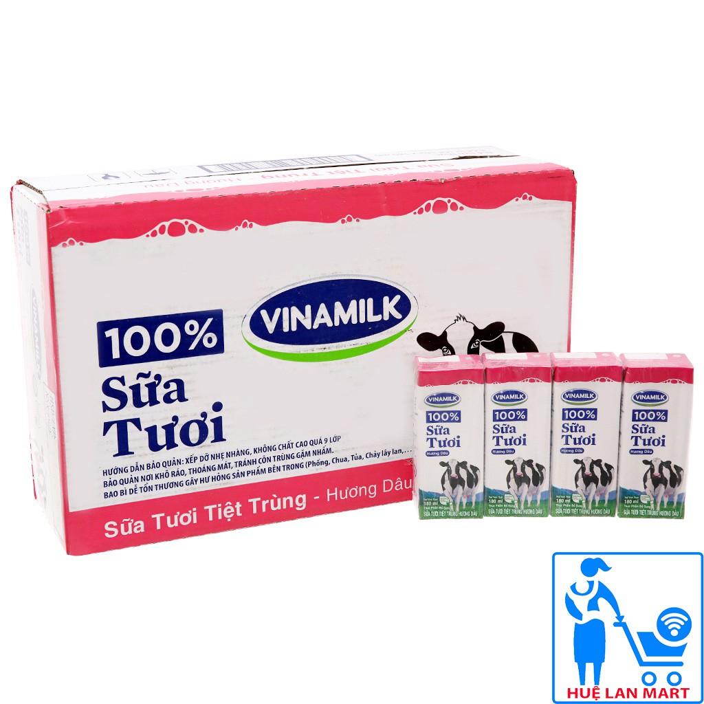 [CHÍNH HÃNG] Sữa Tươi Tiệt Trùng Vinamilk 100% Hương Dâu Thùng 48 Hộp x 180ml