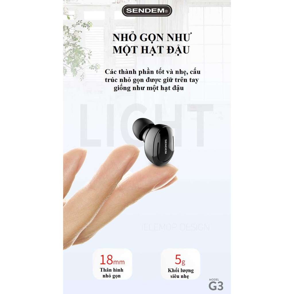 [SIÊU PHẨM MỚI] Tai nghe Bluetooth True Wireless v5.0 SENDEM G3 siêu nhỏ - 6 tiếng sử dụng - Hàng chính hãng