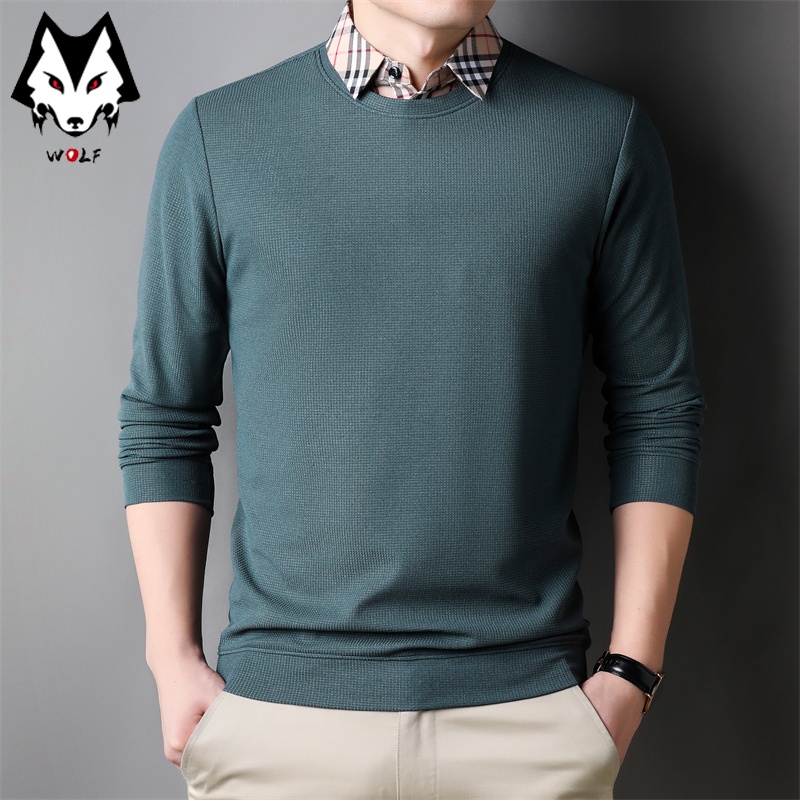 Áo Thun Nam Dài Tay Cổ Tròn Giả Hai Lớp Màu Sắc Thời Trang