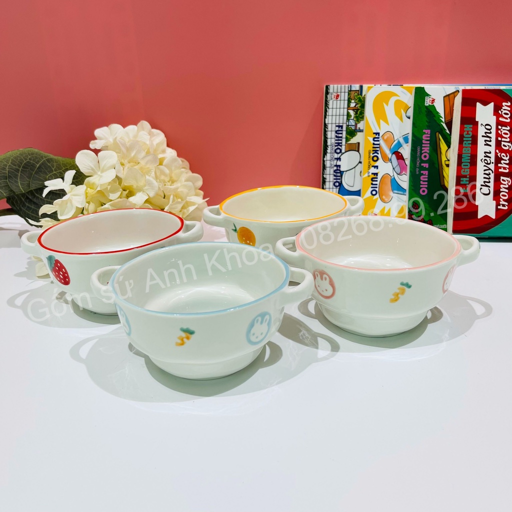 Bát đĩa gốm sứ decor bát có hai tai dùng ăn dặm, ăn cơm trang trí món ăn cực cute đáng yêu