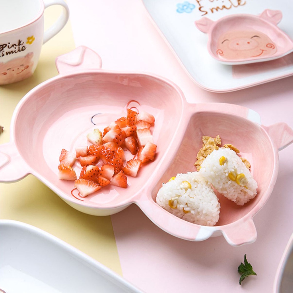 Bát Ăn Dặm Gốm Sứ Kiểu Nhật Cute Cho Bé Hình Lợn Hồng, Chén Ăn Cơm Heo Hồng