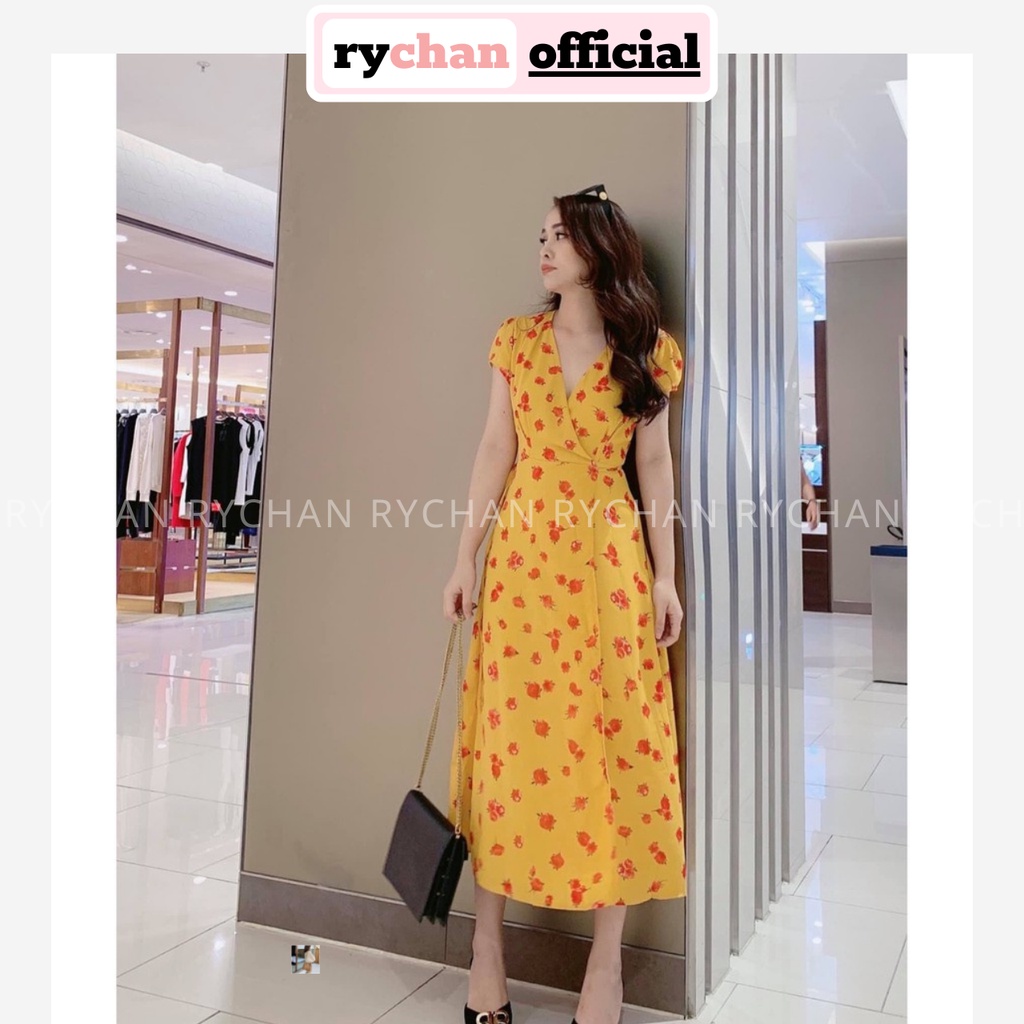 Đầm Đi Biển Maxi Vàng Đắp Chéo Hoa Đỏ Xẻ Tà - DM729