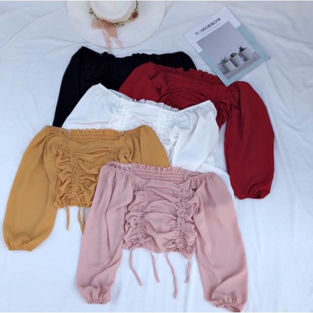 Áo kiểu chất voan rút dây 2 bên tay dài_áo croptop [Hàng Đẹp] | BigBuy360 - bigbuy360.vn