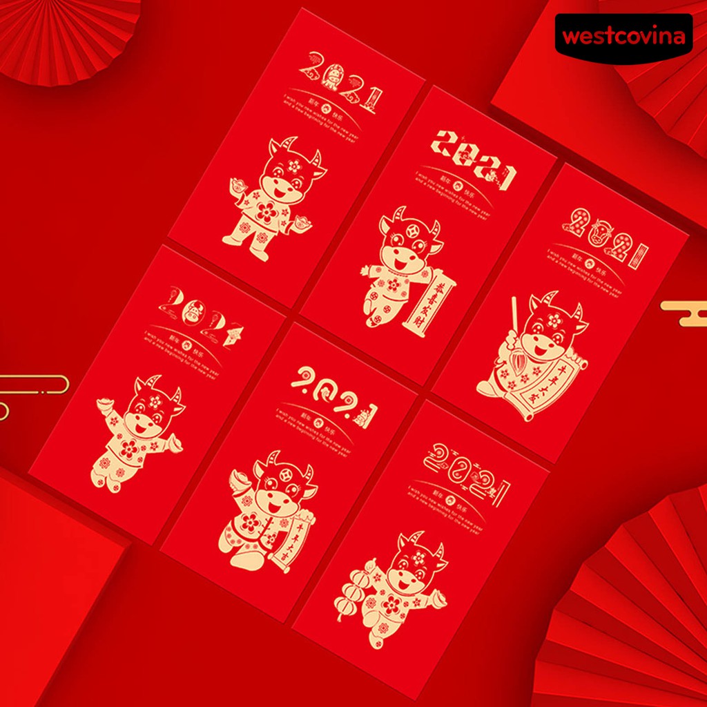 Set 6 bao lì xì đỏ in hình chú bò dễ thương cho năm mới 2021