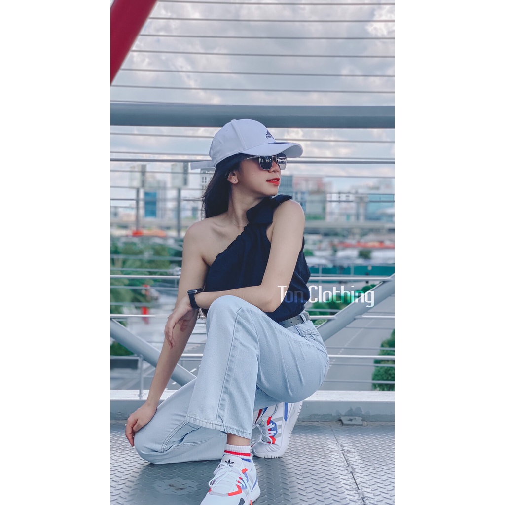 Áo Kiểu lệch vai Ton.Clothing thiết kế cột nơ vai dễ thương, trẻ trung,dáng croptop vải Linen Tre cao cấp màu đen AOK015