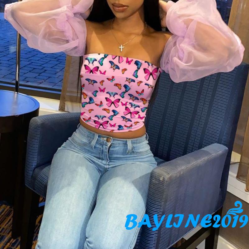 Áo Croptop Tay Phồng Chắp Vải In Hoạ Tiết Cánh Bướm Màu Hồng Gợi Cảm Cho Phụ Nữ