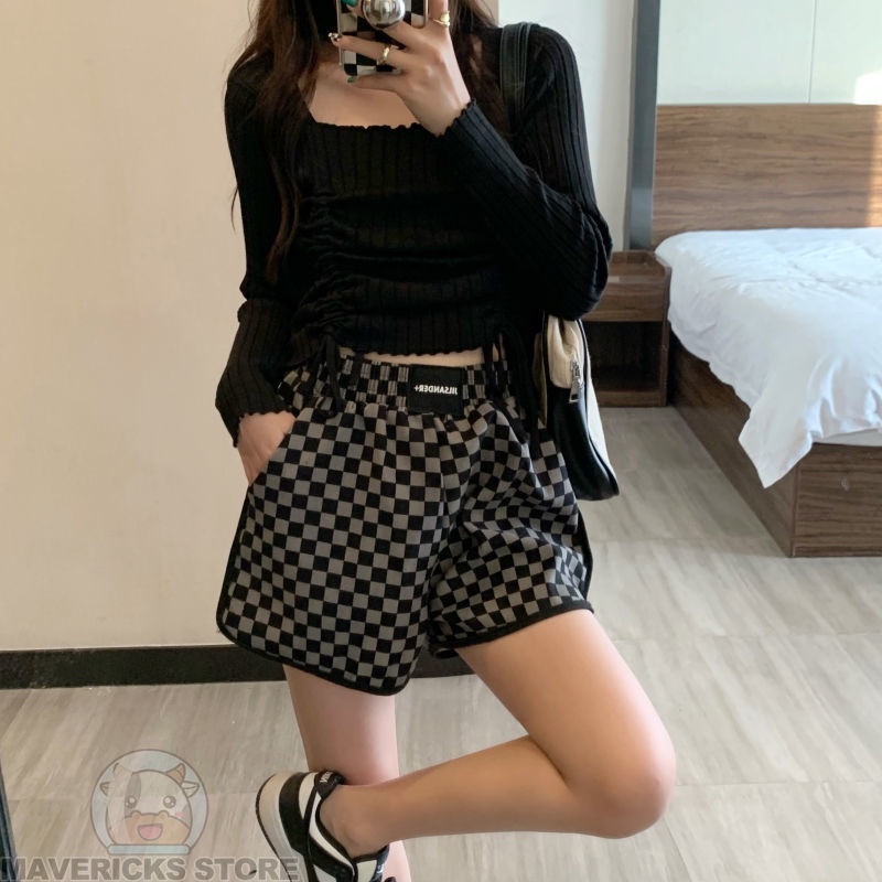 Quần Short Thể Thao Lưng Cao Họa Tiết Kẻ Ô Trắng Đen Thời Trang Mùa Hè Cho Nữ