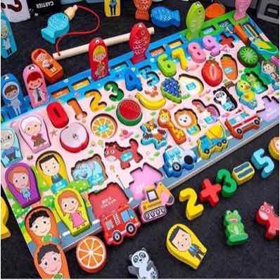 Bộ đồ chơi câu cá và ghép số bằng gỗ sáng tạo cho bé Montessori HL793 có nam châm 63 chi tiết - Bộ bảng số thông minH