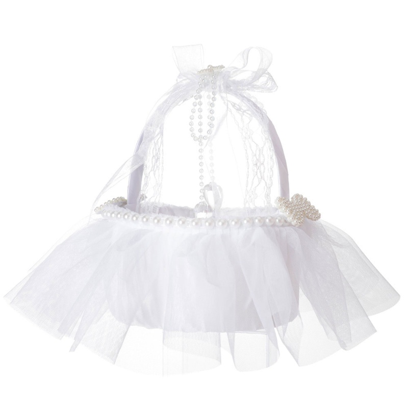 Giỏ Hoa Bằng Satin Có Tay Cầm Đính Nơ Ren Và Ngọc Trai Xinh Xắn
