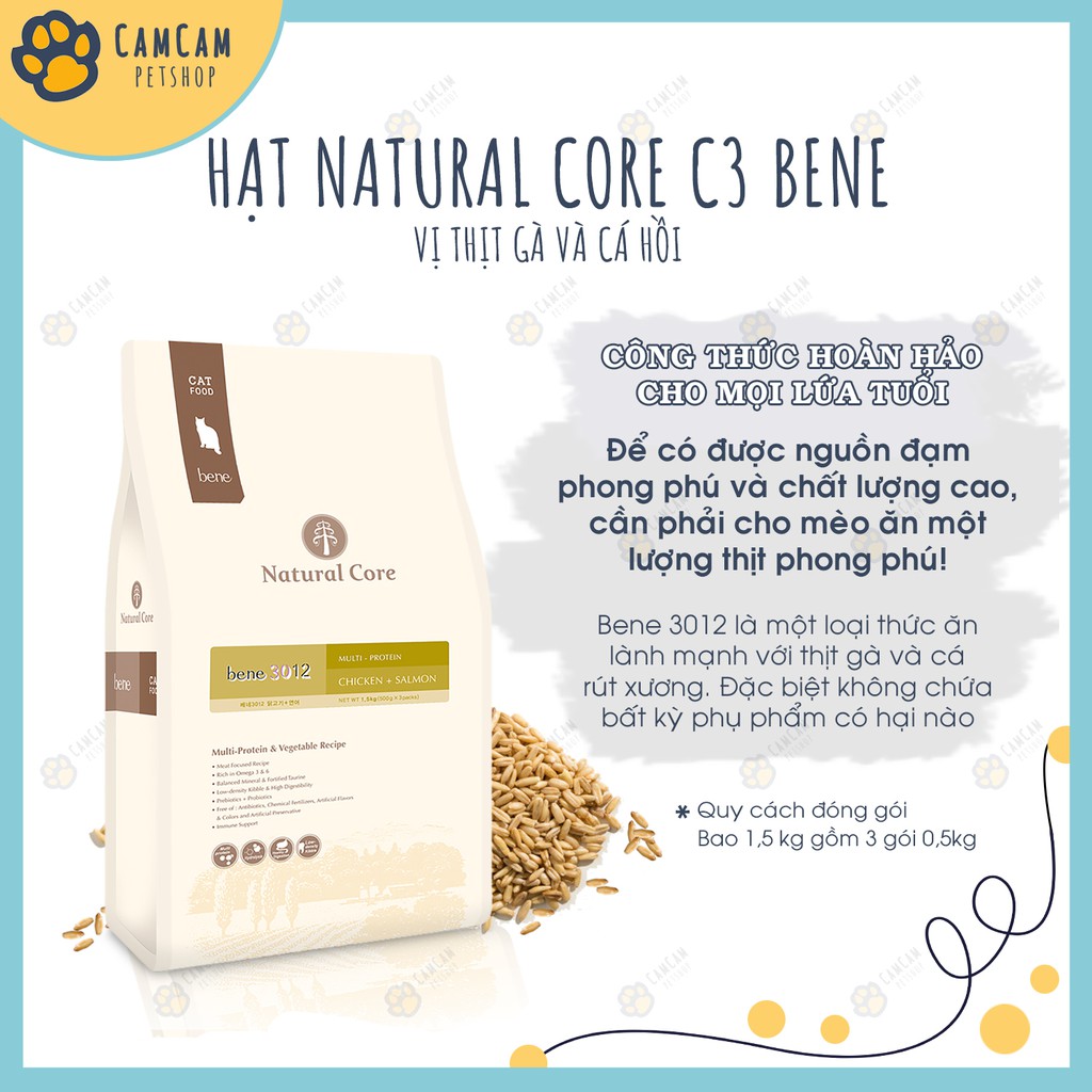 Thức ăn hạt cho mèo Natural Core C3 Bene 3012 Gói 1,5kg vị thịt gà và cá hồi - Thức ăn khô cho mèo, Hạt Natural Core C3